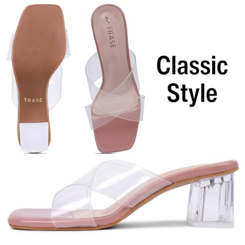 Image of TRASE Transparent Cross Strap Block Heels for Women Stylish | Fashionable Heel Sandals for Girls | Elegant & Formal Footwear