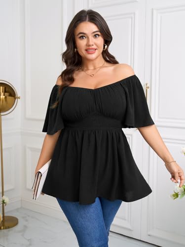 Womens Plus Size Blouse Summer Tops Sweetheart Neck Short Sleeve Ruffle Peplum Smocked Dressy Casual Top3