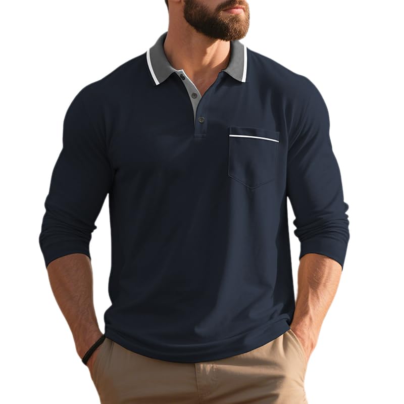 ZOCANIA Mens Polo Shirts Long Sleeve Golf Shirt Mens Color Block Knit Sweater Hidden Button T-Shirts with Pocket