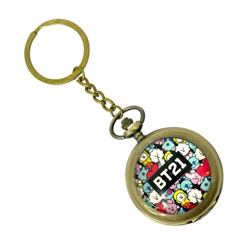 Image of AUGEN Premium Pocket Watch Metal Keychain BT21 Bangtan Boys BTS - 2 Retro Vintage for Gifting With Key Ring Anti-Rust (Pack Of 1)