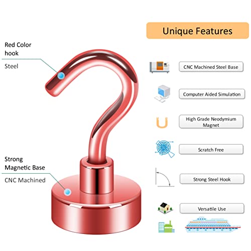 Image of Neosmuk Magnetic Hooks, 22 lb+ Heavy Duty Earth Magnets with Hook for Refrigerator, Extra Strong Cruise Hook for Hanging, Magnetic Hanger for Cabins, Grill (Red, Pack of 6)