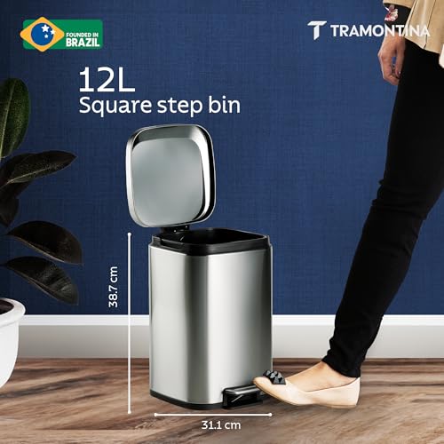 Image of TRAMONTINA 12 Litre Stainless Steel Step Dustbin | Fingerprint-Resistant Finish | Soft-Close Lid | Removable Inner Bucket | Square Trash Can for Home, Office & Hospitality