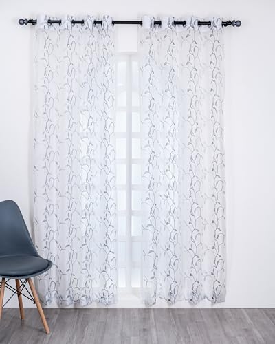 Image of (7 Ft Embroidered Tissue Curtain | Small Leaf Floral Design Grommet Curtains Window Curtain |Vintage Classical Floral Print | For Home | White & Grey(Pack Of 1) | 213 L X 121 W Centimeters