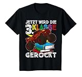 Schulkind 2021: Cooler Monstertruck springt über Schulbücher: Tolle Pickup Geländewagen Illustration mit großen Reifen als Schulanfangsgeschenk und als Start in die 3. Klasse am ersten Schultag. Lustige Schulstart Deko für die dritte Klasse.