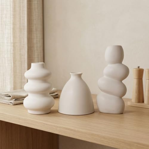 Image of Ceramic Vase Set of 3 | Nordic Minimalist Bubble & Bottle Design Decorative Flower Vases | Matte White Home Decor for Living Room, Table, Shelf, Office | Pampas & Dried Flower Vase