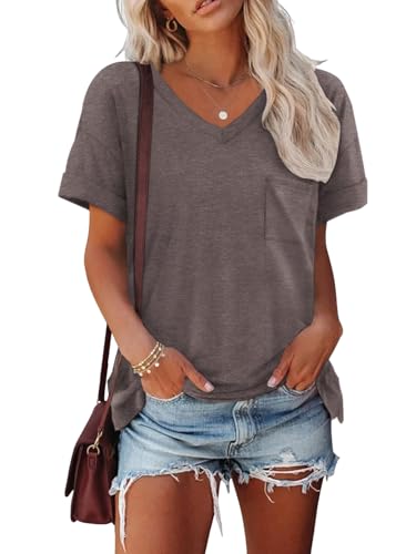 Cuptacc Tshirt Damen Sommer V Ausschnitt Shirts Kurzarm Bluse Damen Mit Tasche Fashion Oberteile Basic Tops Mode Tunika Grauviolett XL 46-48