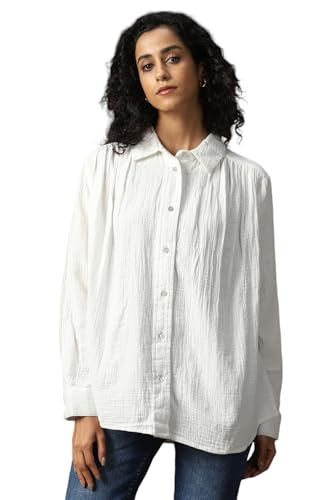Image of High Star Women Cotton Solid Oversized Fit Casual Collar Full Sleeves Shirts