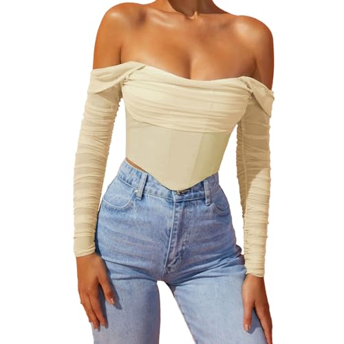 JSXZMMSM Womens Corset Top Sexy Strapless Long Sleeve Mesh Boned Bustier Party Going Out Concert Tops (US, Alpha, Medium, Regular, Short, Beige)