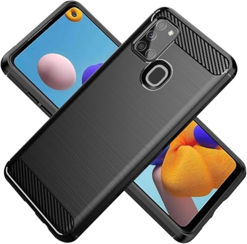 owlhold Capa para Samsung Galaxy A21S, texturas escovadas e de fibra de carbono capa, ultra-fina TPU suave militar protetor camada anti-choques, anti-riscos, antiderrapante case, preto