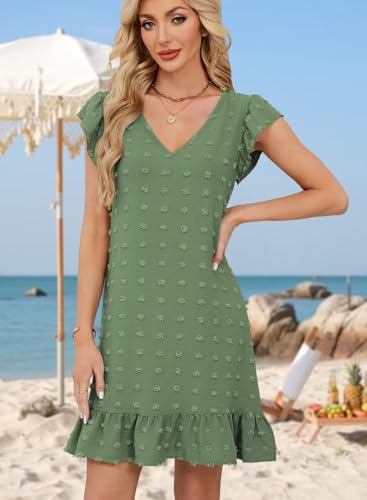Image of QACOHU Spring Summer Dresses for Women 2026 V Neck Cap Sleeve Ruffle Hem Smock Short Casual Beach Dress