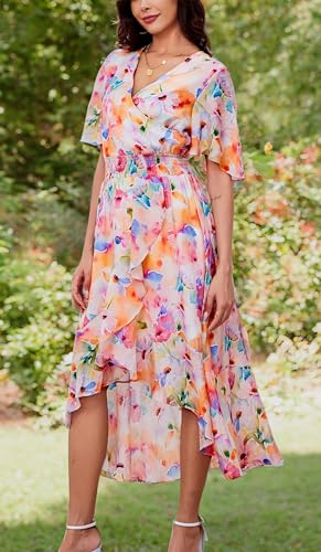 Image of Kormei Womens Short Sleeve Floral Maxi Dress High Low V-Neck Flowy Party Long Dresses