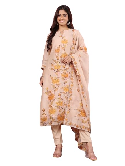 Varanga Women Beige Pure Hand Kantha Embroidered Kurta Set With Dupatta