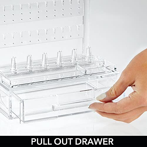 mDesign Plastic Jewelry Organizer Storage Station, 1 Drawer, 6 Ring Holders, Tray for Dressing Table, Cosmetic Station, Dresser, Bathroom Vanity Countertop - Holds Earrings, Watches, Bracelets - Clear