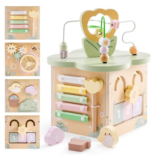 Image of ROBUD Wooden Activity Cube, Activity Center for Baby, 7-in-1 Montessori Toys for 1+ Year Old Toddlers, Educational Toys for Garden World Theme