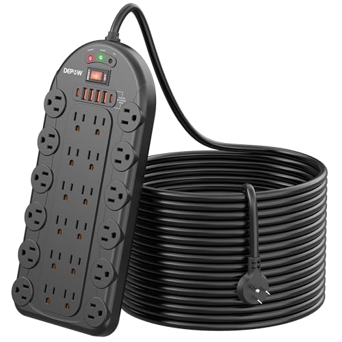 20 Ft Power Strip Surge Protector (3,400 Joules), DEPOW 24 AC Multiple Outlets (1875W/15A) with 6 USBs (2 USB-C Ports), ETL Listed, Flat Plug Heavy Duty Long Extension Cord for Home, Office, Black