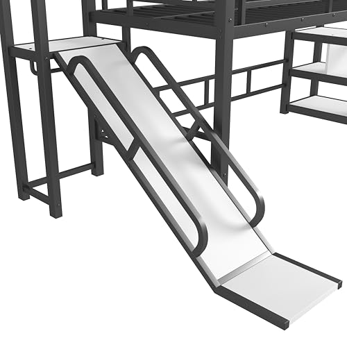 Image of YOPTO Twin House Loft Bed with Slide and Stairs,Metal House-Shaped Roof Playhouse Bed w /Storage Shelves,Noise-Free,for Student Dorms,Studio,Black