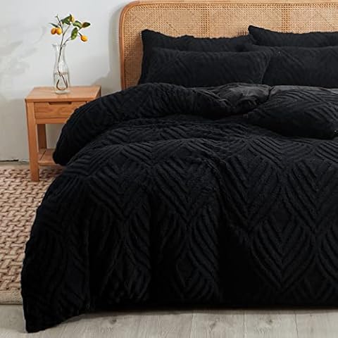 Black Plush Comforter Queen Size，Fluffy Chenille Palm Floral Sherpa Comforter 3pcs Set （1 Queen Size Fuzzy Comforter +2 Standard Fur Pillow Cases Faux Fur Luxury Bedding Set (Black, Queen) Cover