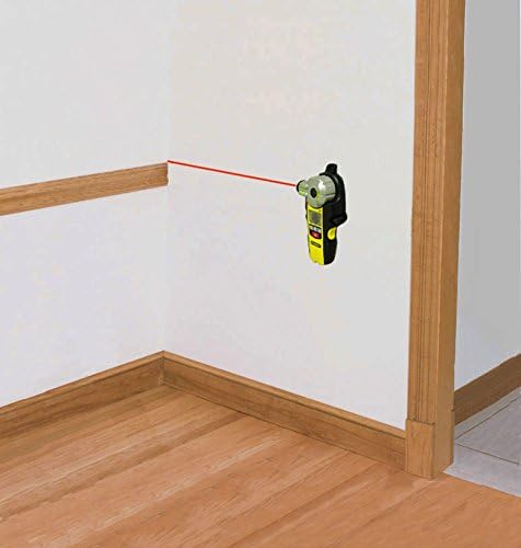 Stanley Intellilaser Pro mounted on a wall corner, projecting a laser line.