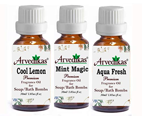 Arvedikas Premium Fragrance Oil Set for Soap Making – 3 Pack (Cool Lemon, Mint Magic, Aqua Fresh) – 30ml Each for Herbal Soaps, Bath Bombs & Cold Process Soap – Home Fragrance & DIY Perfum