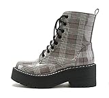 Soda FLING Women Chunky Lug Sole Lace up Fashion Combat Ankle Boot w/Side Zipper (MULTI PLAID PATENT, numeric_8)
