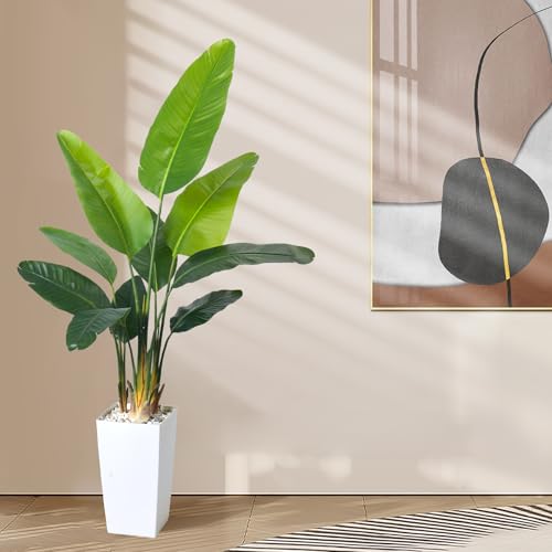 Bird of Paradise Artificial Plant 6FT, Faux Tropical Palm Tree with White Tall Planter, Large Fake Plants in Pot - Artificial Tree for Home Office Living Room Decor Indoor