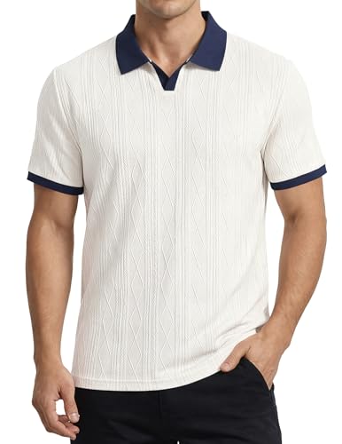 JMIERR Mens Textured Polo Shirts Short Sleeve Casual Knit Polo Shirt Vintage Golf T Shirts Old Money Tops, US50(2XL), White