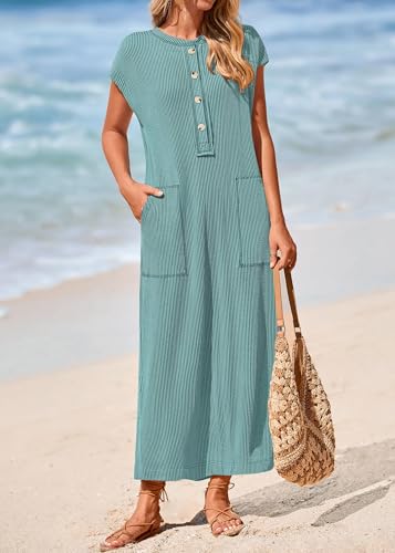 Image of KIRUNDO Womens Summer Ribbed Knit Short Sleeve Maxi Dress