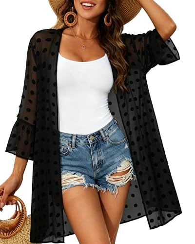 Image of Womens Kimono for Summer Puff Sleeve Cardigan Casual Loose Fit Beach Cover Ups Resorts Swimwear 2026