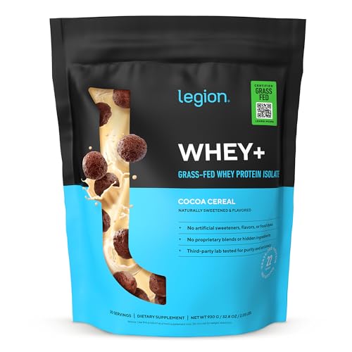 LEGION Whey+ Protein Whey Isolate from Grass Fed Cows (Cocoa Cereal, 30 Servings) - Whey Protein Isolate Powder Low Calorie, Non-GMO, Sugar Free, Lactose and Gluten Free, All Natural Protein Powder