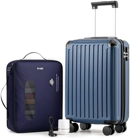 COOLIFE Ryanair Vakuum Handgepäck Koffer 55X35X20cm + Vakuumbeutel für Kleidung +60% mit Pumpe | ABS+PC Hartschalenkoffer mit TSA-Schloss und 4 Zwillingsrollen Für Easyjet, Große R