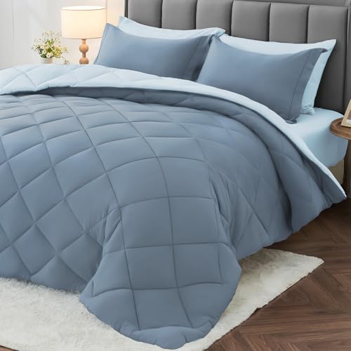MUXHOMO 7 Pieces Queen Comforter Set, All Season Bed in a Bag Queen Size, Reversible Bedding Set with Comforter, Flat Sheet, Fitted Sheet, Pillowcases & Shams, Mineral Blue & Light Blue by MUXHOMO - Used condition - CA$82.79