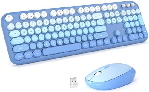 KNOWSQT Wireless Keyboard Mouse Combo - Lovely Blue-Gradient Rainbow Full-Sized Typewriter Colorful Keyboards, Round Keycap Plug Play Retro Cute Keyboards for Windows, Laptop, PC, Desktop, Computer