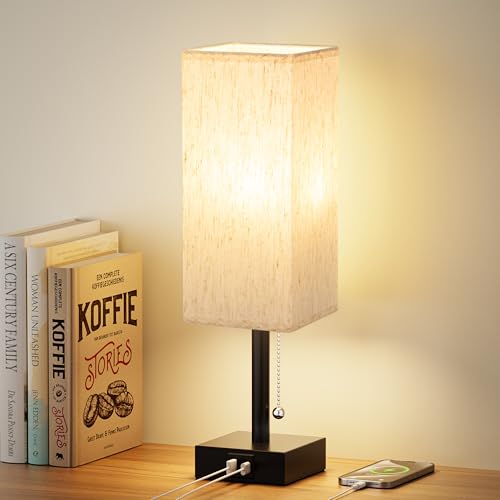 Image of aooshine Pull Chain Small Table Lamp - 3 Color Temperature Bedside Lamp for Bedroom with USB Port, Minimalist Nightstand Lamp with Black Base, Desk Lamp for Kids Room Dorm, Bulb Included | Pull Chain Switch, LED Bulb Included, Cream Fabric Shade, 14.7 inch Small Table Lamp for Nightstand, Desk, Dorm, Office