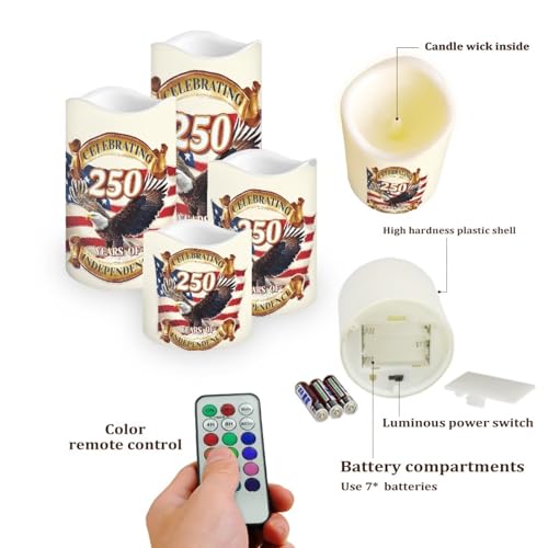 Image of Bald Eagle White Candles Celebrating American 250th Anniversary Battery Led Lights with Timer Patriotic Remote Control Candle for Independence Day Holiday Decorations, 4 Pack