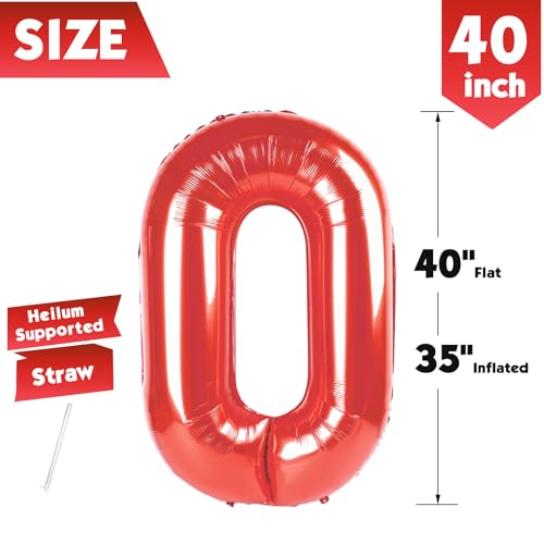 Image of 40 Inch Red Number 0 Balloon Birthday Party Decorations for Men & Women | 40 Inch Red inflatable foil number balloons, large birthday decorations for 0th birthday