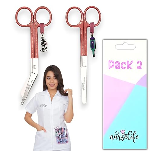 Nurse Life Pack 2 Tijeras Enfermeria Mayo y Pico Pato - Punta Roma | Ideal para Bolsillo y Porta tijeras Enfermeras con Apuros, Punta Redonda Profesional, I love it, Vendaje. Acero pulido. Rosa