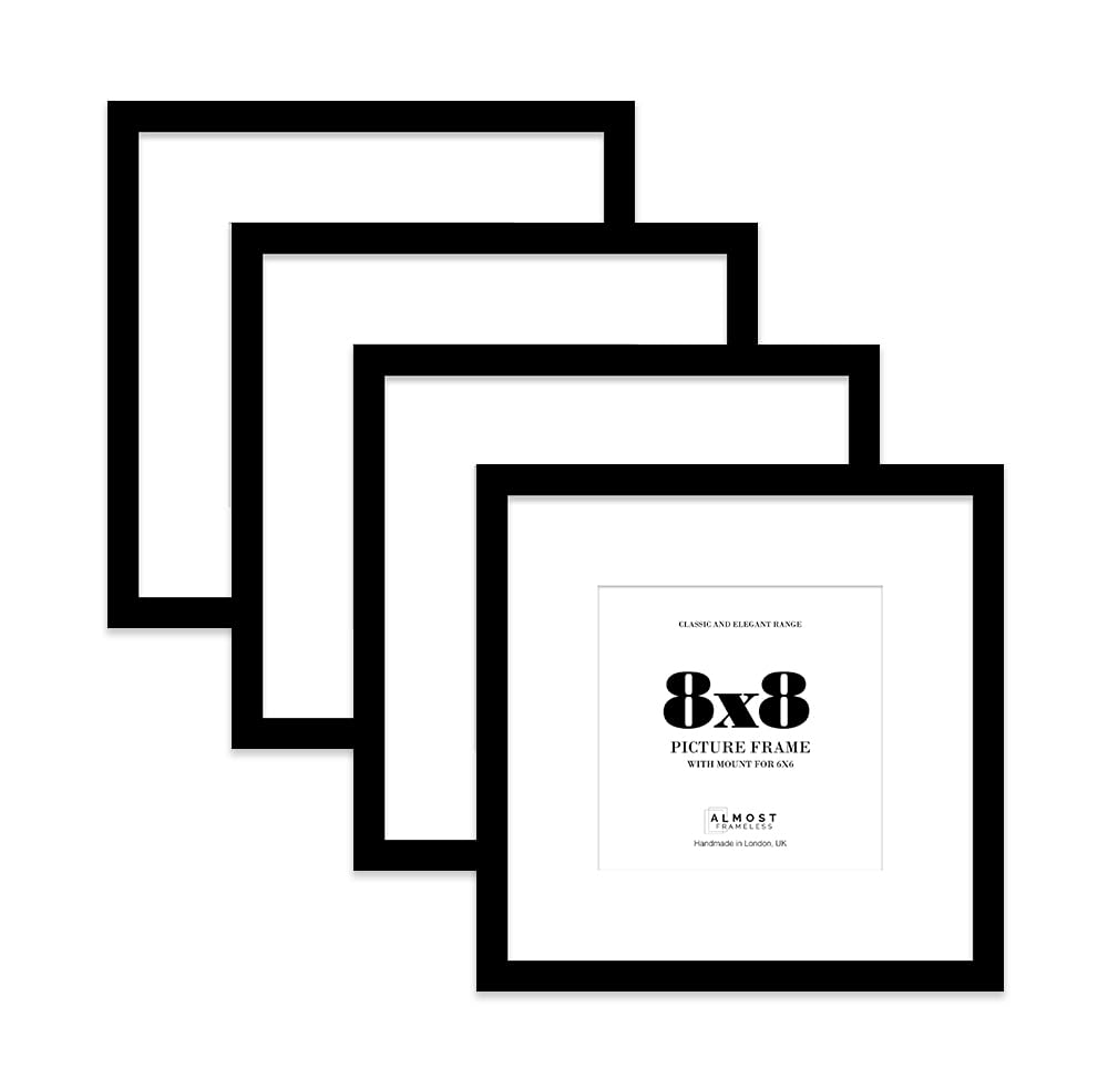 8x8 Black Picture Frame with Mount for 6x6 Photos, Prints - Modern Square Wall Frame, Set of 4