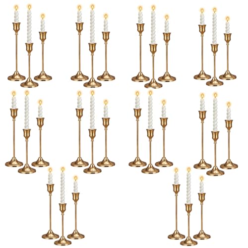 10 Sets Candle Holder Brass Gold Candlestick Holders -Vintage Modern Metal Taper Candle Holders Decorative Centerpiece for Table Mantel Wedding Kitchen Home Decor Wedding Gift 30Pcs