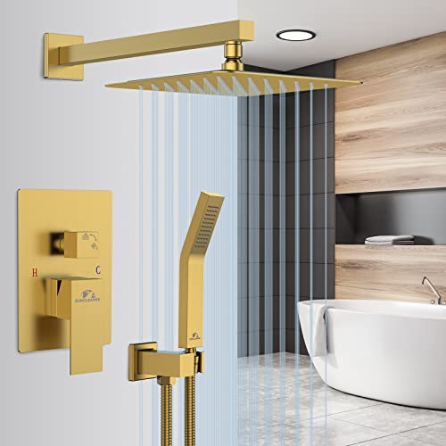 Rain Shower Faucet System Set: Rainfall Shower Faucets Sets Complete Shower Combo Set, Wall Mounted Modern Luxury Shower Systems With Rain Shower And Handheld Shower Mixer Valve, Brushed Gold #TOP1
