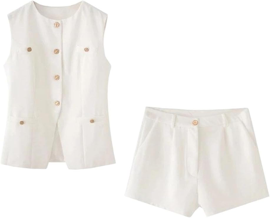 Women's Summer Round Collar Two-Piece Waistcoat Sleeveless Vest Ruffles Shorts