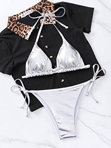 Maillot de bain métallique argenté à bikini triangle réglable et bas taille haute pour l'été