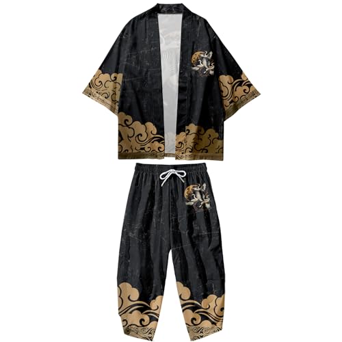 Image of DOSLAVIDA Men's Japanese Kimono Cardigan Suit Chinese Style Printed Jacket Pants Set Open Front Seven Sleeve Top & Shorts