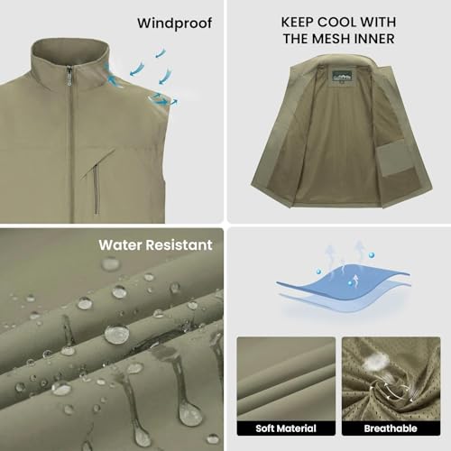 Image of Mens Vests Outerwear Windproof Lightweight Softshell Sleeveless Jacket | Breathable Zip Up Multi-Pockets Quick Dry Sports Vest for Golf Hiking Fishing Running