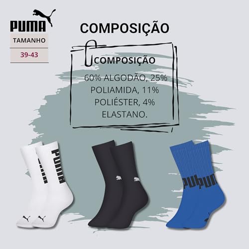 Kit 03 Pares MEIA ESPORTIVA CANO LONGO - PUMA |1 Preta - 1 Branca - 1 Azul Mar| 39-43