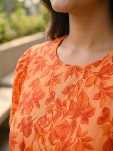 Image of HELLCAT Women Floral Fit & Flare Midi Dress | Round Neck, Puff Short Sleeve, Waist Tie-Up Belt | Casual Brunch Wear, Western One Piece, A-Line Long Frock, Summer Party Outfit