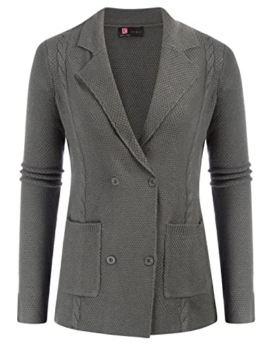 Blazers casuales de manga larga para mujer, para trabajo, oficina, negocios, chaqueta de punto trenzado de doble botonadura con bolsillos, Gris oscuro, Large Cover