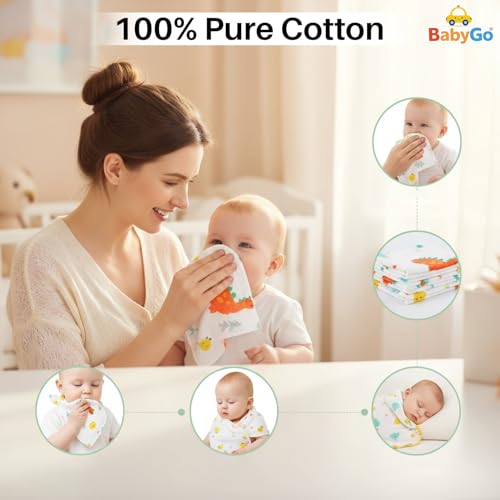 Image of BabyGo Cotton Extra Soft Muslin Washcloths for Newborn Baby | 100% Pure Cotton Reusable Face Towels & Hankies | Gentle Skin-Friendly Baby Towels 30x30 cm for Infants & Toddlers (Pack of 2)