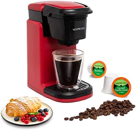 Mixpresso Single Cup Coffee Maker, Personal Single Serve Coffee Brewer Machine, Compatible with Single-Cups, Quick Brew Technology Programmable Features, One Touch Function Red Coffee Maker