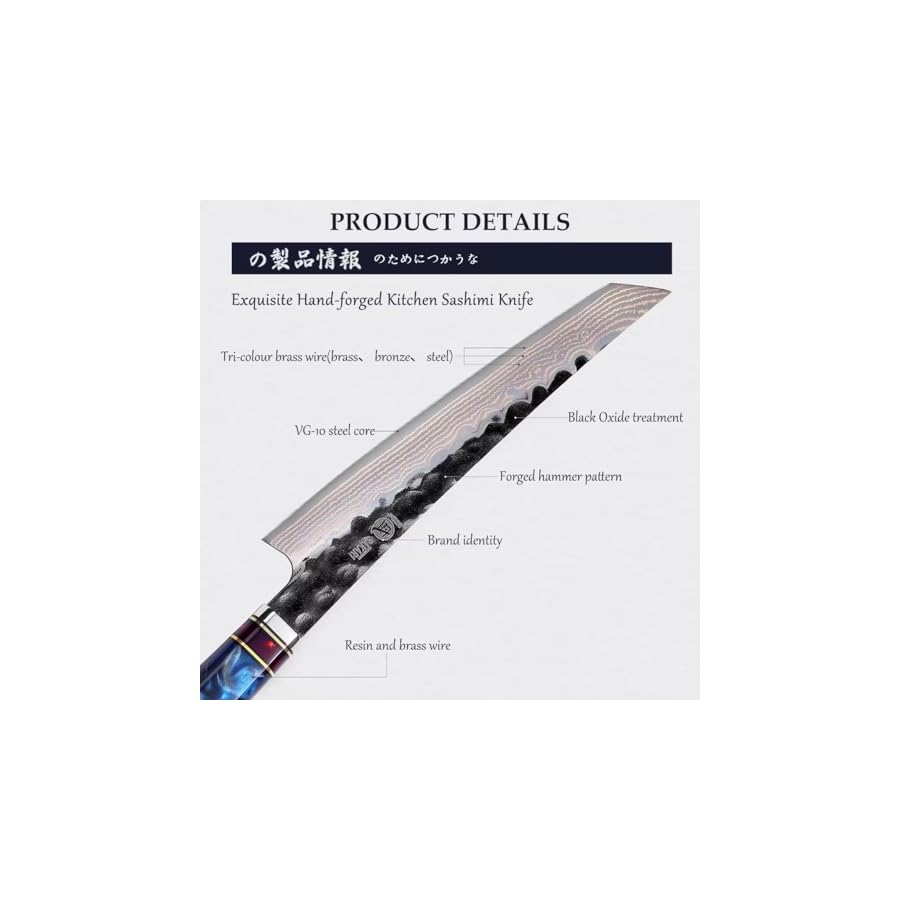 MITSUMOTO SAKARI 8 inch Japanese Kiritsuke Chef Knife, Hand Forged VG-10 Damascus Kitchen Knife, Professional Meat Sushi Chef’s Knife (Blue Resin Handle & Sandalwood Box)