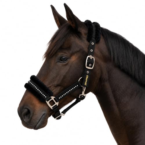 Halfter für Pferde mit Glitzer Steinen, Fell Halfter Pferd in schwarz mit Strass, 2-Fach verstellbar (Schwarz, Vollblut (Cob))
